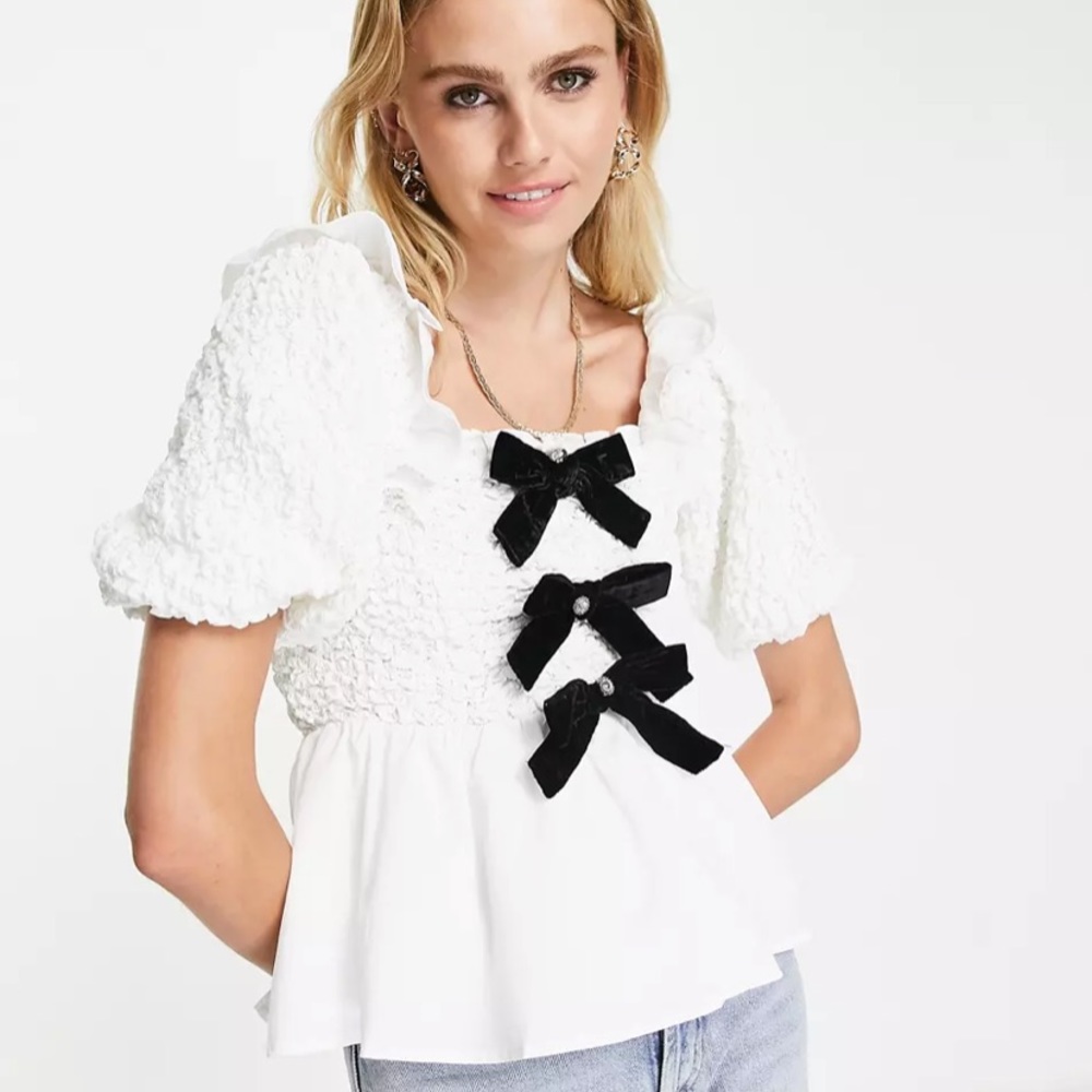 River Island textured bow detail top in white